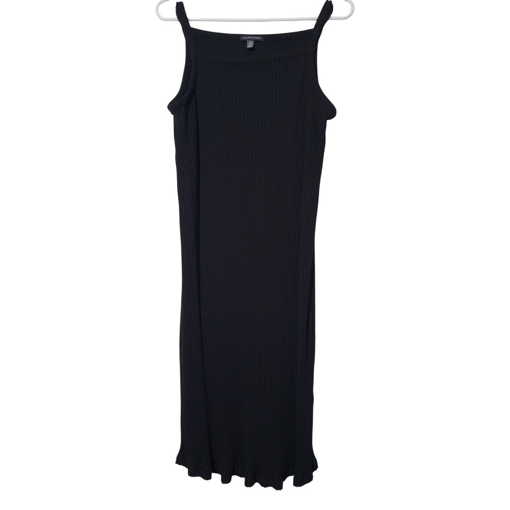 EILEEN FISHER Black‎ Ribbed Tank Midi Dress Womens XS Tencel Stretch Minimalist